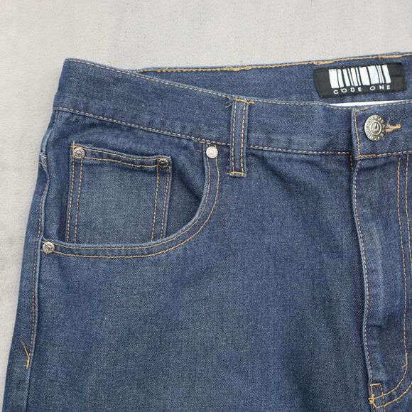 Code One Pants Mens 38 Blue Denim High Waist Flat Front Straight Leg Jeans - Picture 10 of 16